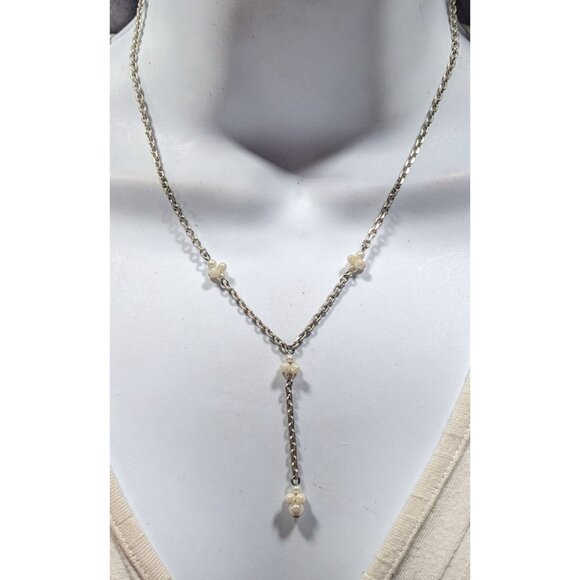 Dainty Seed Pearl Silver Tone Chain Y Drop Necklace - Picture 4 of 5